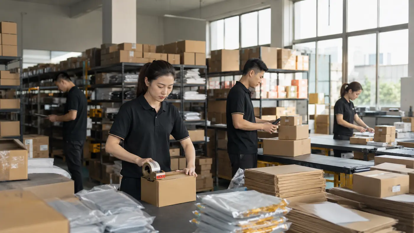 Préparation de commandes dans un entrepôt logistique en Chine